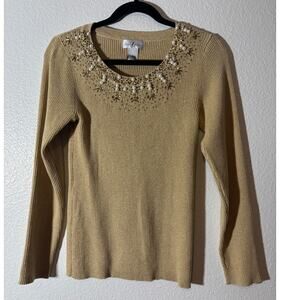 Once Again Pullover Sweater Size L Gold Metallic Beaded Neckline Ribbed Vintage